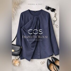 COS Navy Draped Tie Front Blouse Minimalist Long Sleeve Top Size 6